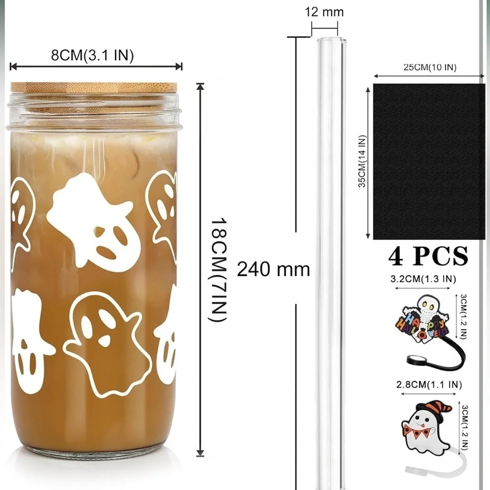 NIB!Ghost  24oz Mason Jar Glass Cups Lids and Straws